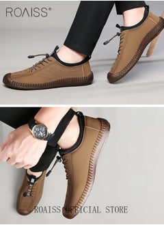 roaiss New Mens Casual Drawstring Non-slip Soft Sole Flat Shoes Fashion Round Toe Shoes Daily Hand Stitched Leather Shoes  - Image 3