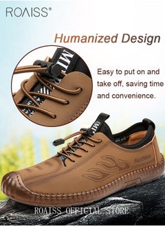 roaiss New Mens Casual Drawstring Non-slip Soft Sole Flat Shoes Fashion Round Toe Shoes Daily Hand Stitched Leather Shoes  - Image 2
