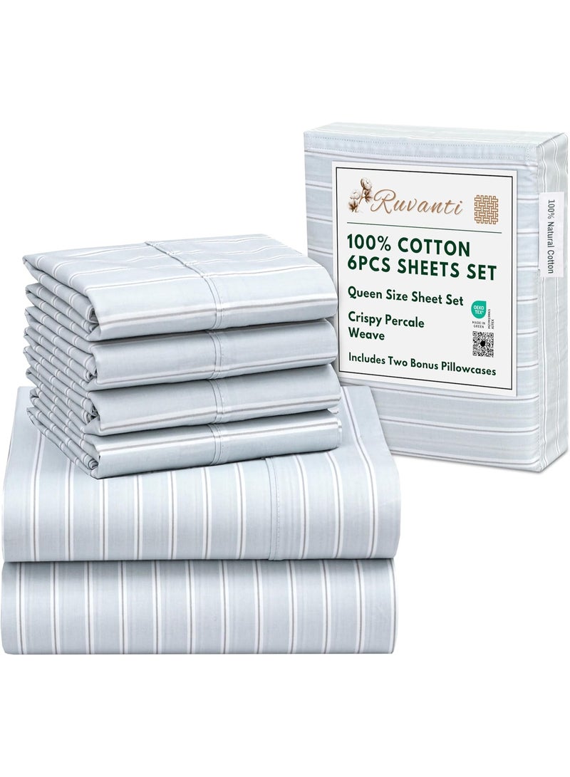 RUVANTI 6 Pcs Cotton Sheets - 100% Natural Cotton Soft, Lightweight & Breathable Crispy Percale Bed Sheets, Queen Sheet Set 16" Deep Pockets, Horizon Stripes - Image 4