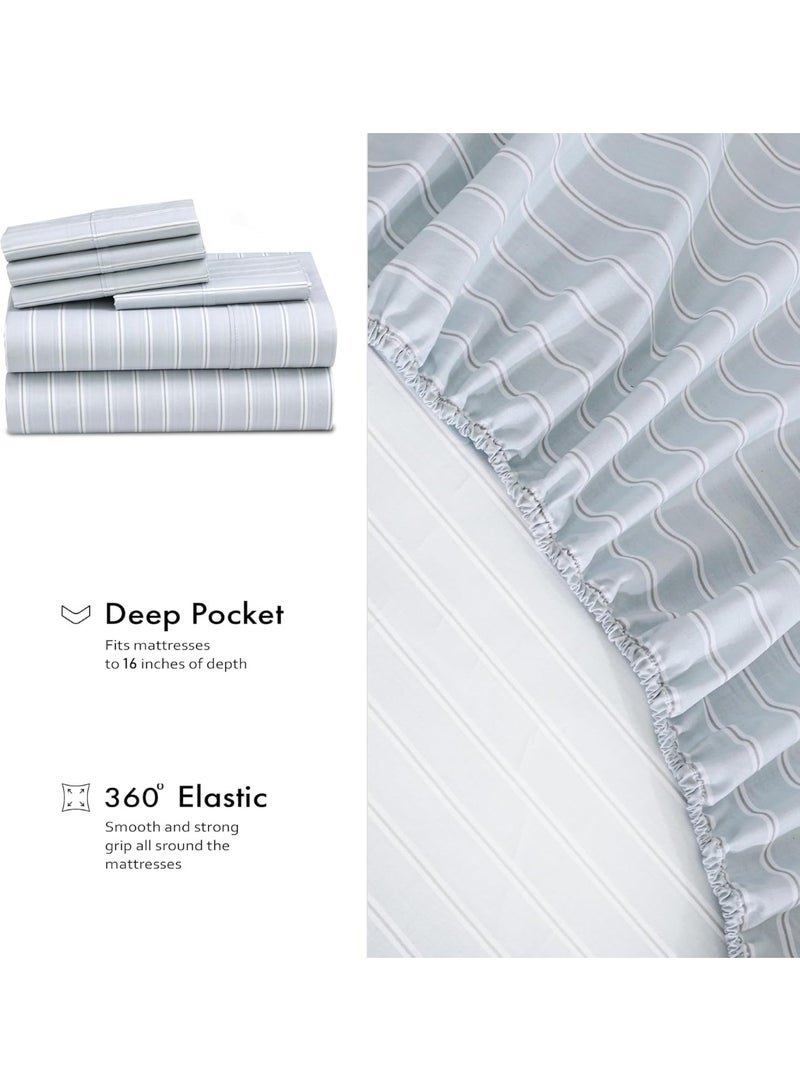 RUVANTI 6 Pcs Cotton Sheets - 100% Natural Cotton Soft, Lightweight & Breathable Crispy Percale Bed Sheets, Queen Sheet Set 16" Deep Pockets, Horizon Stripes - Image 3