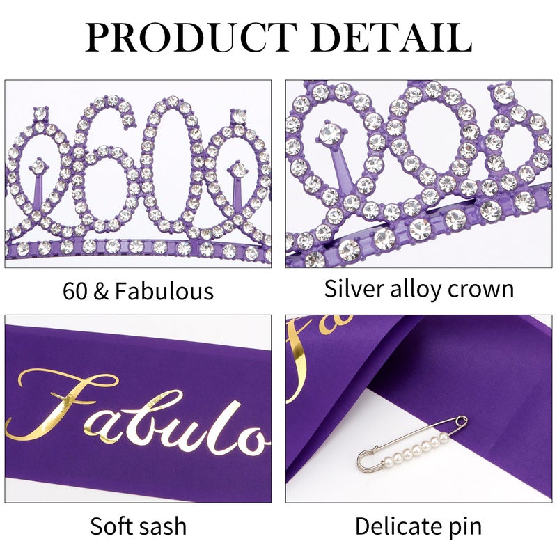 Vovii 60th Birthday Sash and Tiara, Purple Tiara, 60th Birthday Decorations for Women - Image 2