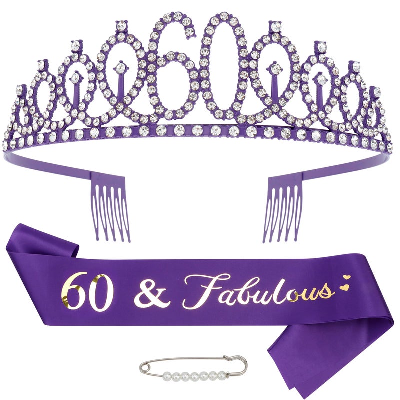 Vovii 60th Birthday Sash and Tiara, Purple Tiara, 60th Birthday Decorations for Women - Image 1