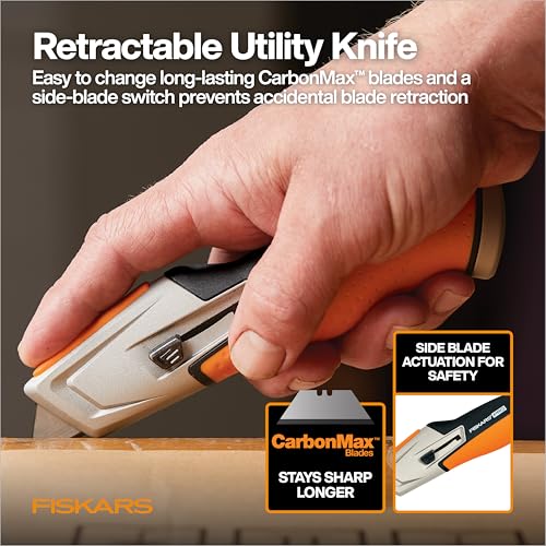 Fiskars Pro Retractable Utility Knife, Heavy Duty Box Cutter with CarbonMax Long-lasting Snap Blade, and Easy Hinge Open with Quick Blade Change and Storage, Orange/Black - Image 2