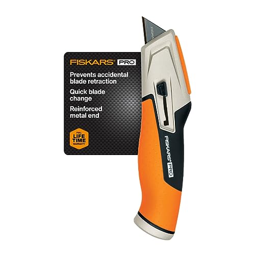 Fiskars Pro Retractable Utility Knife, Heavy Duty Box Cutter with CarbonMax Long-lasting Snap Blade, and Easy Hinge Open with Quick Blade Change and Storage, Orange/Black - Image 1