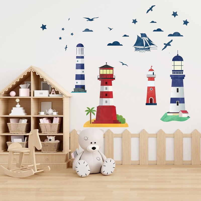 AnFigure Anfigure Nautical Lighthouse Wall Decals Sailboat Beach Boat Coastal Seagull Bird Wall Stickers Boys Girls Baby Nursery Kids Room Daycare Girls Bedroom Living Room Wall Decor - Image 2