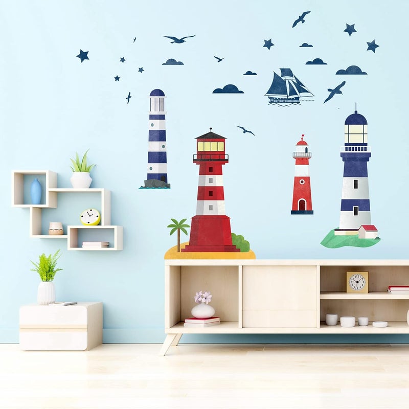 AnFigure Anfigure Nautical Lighthouse Wall Decals Sailboat Beach Boat Coastal Seagull Bird Wall Stickers Boys Girls Baby Nursery Kids Room Daycare Girls Bedroom Living Room Wall Decor - Image 3