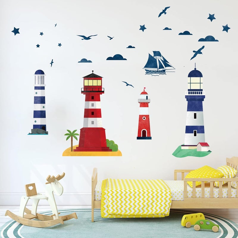 AnFigure Anfigure Nautical Lighthouse Wall Decals Sailboat Beach Boat Coastal Seagull Bird Wall Stickers Boys Girls Baby Nursery Kids Room Daycare Girls Bedroom Living Room Wall Decor - Image 1