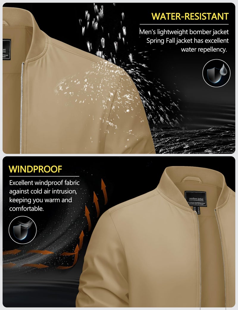 CRYSULLY Men's Lightweight Bomber Jacket Full Zipper Windbreaker Long Sleeve Fall Jackets Streetwear Khaki S - Image 5