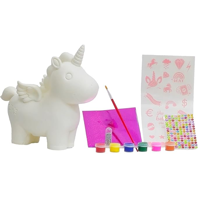 Money Box DIY Crafting Paint Kit for Girls and Boys 12Pcs Set Includes Stickers Colors and Brushes Gift for Girls and Boys Ages 3 4 5 6 7 8 9 10 (Unicorn Money Box)
