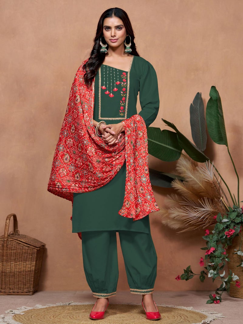EthnicJunction Women's Cotton Blend Embroidered Kurta Salwar Set with Bandhani Dupatta - Image 2