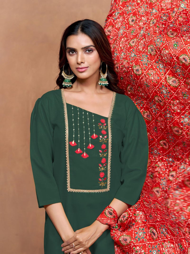 EthnicJunction Women's Cotton Blend Embroidered Kurta Salwar Set with Bandhani Dupatta - Image 5