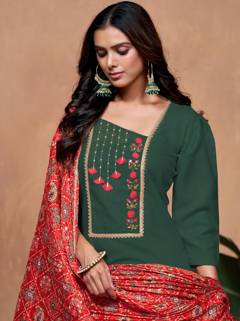 EthnicJunction Women's Cotton Blend Embroidered Kurta Salwar Set with Bandhani Dupatta - Image 3