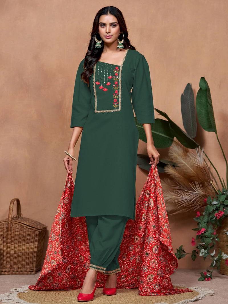 EthnicJunction Women's Cotton Blend Embroidered Kurta Salwar Set with Bandhani Dupatta - Image 4