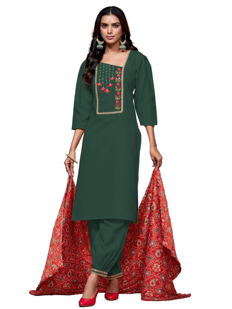 EthnicJunction Women's Cotton Blend Embroidered Kurta Salwar Set with Bandhani Dupatta - Image 1