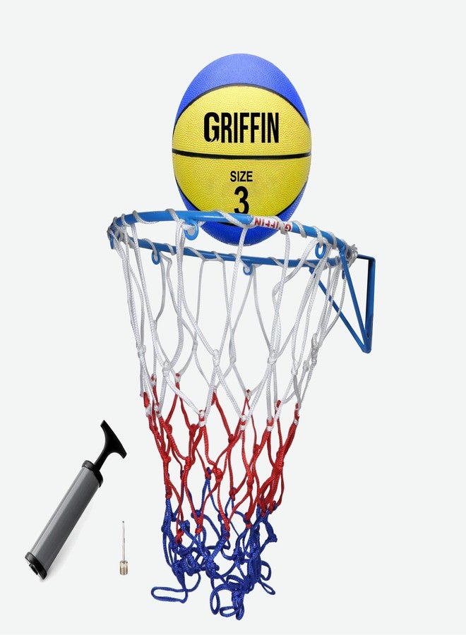 غريفين شبكة كرة السلة GRIFFIN مع حلقة وكرة سلة مقاس 3 للاستخدام المنزلي، حلقة زرقاء اللون وشبكة متعددة الألوان. - Image 1