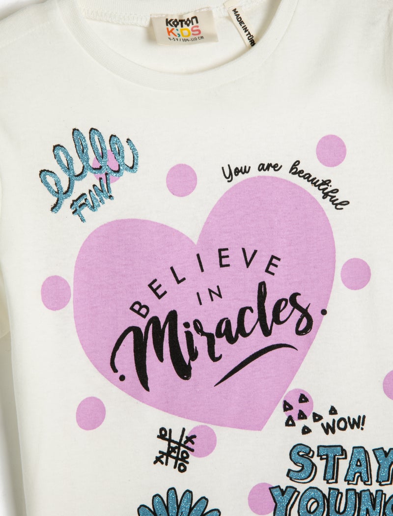 KOTON Short Sleeve T-Shirt Heart Printed Glittery Crew Neck Cotton - Image 3