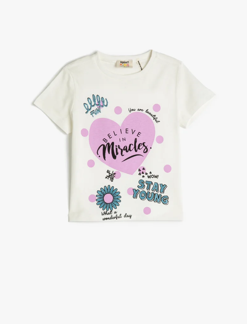 كوتون Short Sleeve T-Shirt Heart Printed Glittery Crew Neck Cotton