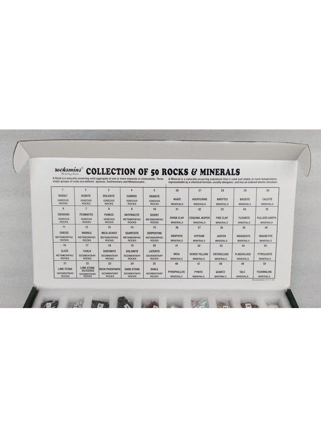 روكسمينز مجموعة Rocksmins من 50 عينة من الصخور والمعادن الطبيعية المختارة يدويًا (25 صخرة + 25 معدنًا) في صينية تخزين في صندوق ملون جميل عينات من الصخور والمعادن للجيولوجيا مجموعة علوم الأرض للفصول الدراسية - Image 2