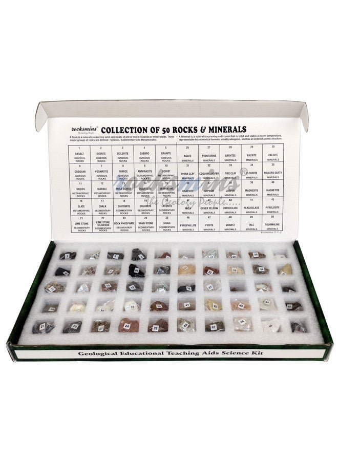 روكسمينز مجموعة Rocksmins من 50 عينة من الصخور والمعادن الطبيعية المختارة يدويًا (25 صخرة + 25 معدنًا) في صينية تخزين في صندوق ملون جميل عينات من الصخور والمعادن للجيولوجيا مجموعة علوم الأرض للفصول الدراسية - Image 1