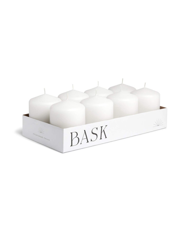 Cone Top Pillar Candles by Bask Set of 83 x 4 Dripless Unscented Candles in White for Home Decor Relaxation All Occasions