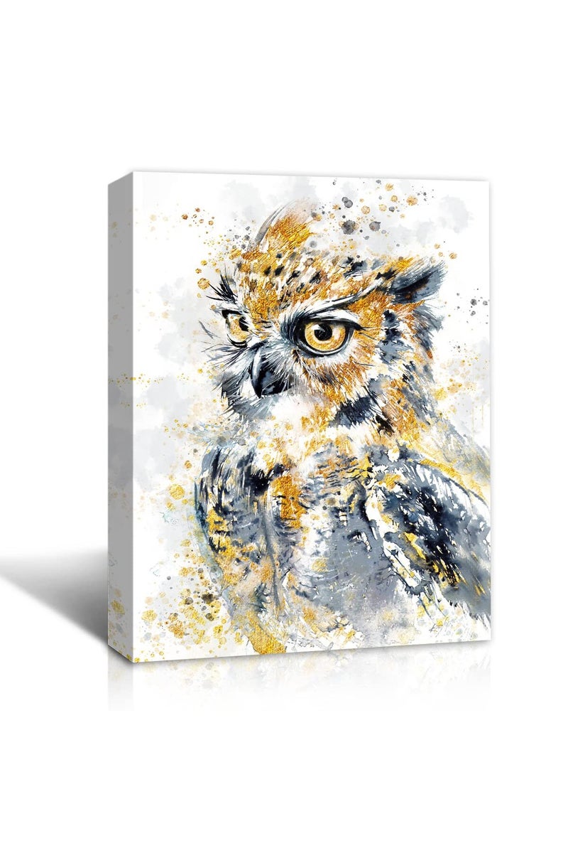 C8BUSIS Canvas Prints Animals Owl Wall Art Bathroom Decor, Watercolor Owl Paintings Golden Big Eyes Gold Grey Feather Cute Bird Pictures Poster for Kids Room Bedroom Hotel Home, Framed Modern Artwork - Image 1