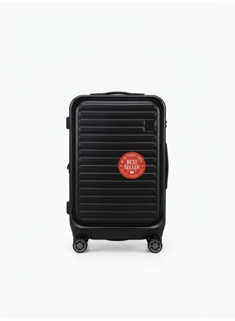 Loren Migo Premium Black Hard Shell Trolley Luggage, Travel Suitcase with Front Storage & Laptop Compartment , 360° Spinner Wheels and Telescopic Handle, 19 Inches Capacity Ideal Travel Bag - Image 1