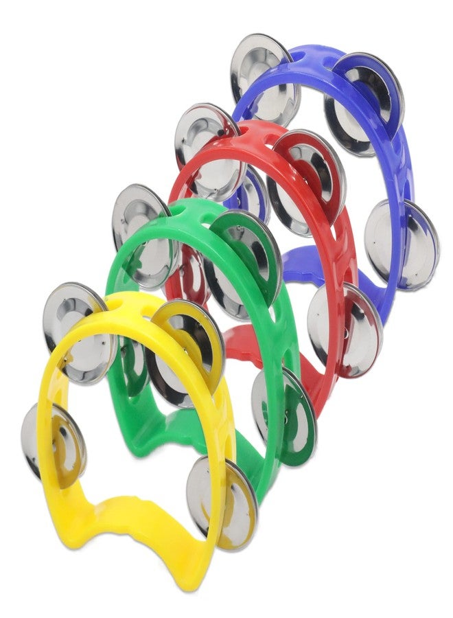 Cheerock 4-Pack Plastic Percussion Handheld Tambourines with 4 Jingle Bells, Mini Hand Bell Percussion, Musical Rhythm Instruments in 4 Colors for Kids, Adults, School and Party - Image 1