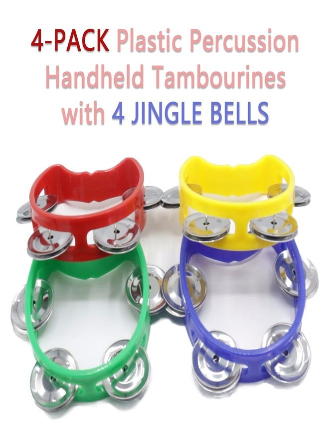 Cheerock 4-Pack Plastic Percussion Handheld Tambourines with 4 Jingle Bells, Mini Hand Bell Percussion, Musical Rhythm Instruments in 4 Colors for Kids, Adults, School and Party - Image 2