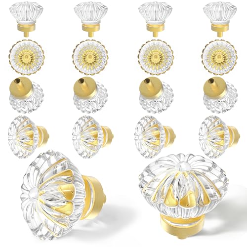 CEYMIO Brushed Gold Crystal Cabinet Knobs Cabinets Knob 16 Pack Flower Vintage Glass Clear Crystal Small Pull For Closet Dresser Drawers Cupboard Wardrobe Solid Alloy Retro Pulls Old Fashioned Drawer Handle - Image 1