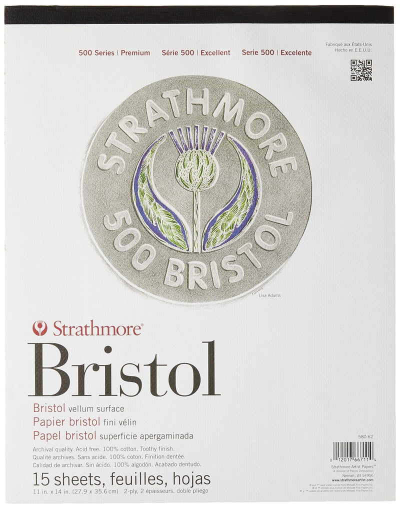 Strathmore (580-62 500 Series Bristol, 2-Ply Vellum Surface, 11"x14", White, 15 Sheets - Image 1