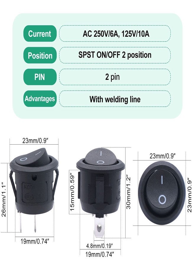 Twidec/10Pcs 12V Round Rocker Switch AC 6A/250V 10A/125V SPST 2 Pin 2 Position On/Off Toggle Switch For Car Boat Automotive RV Black with Pre-soldered Wires（Quality Assurance for 1 Years）KCD1-X-Y - Image 4