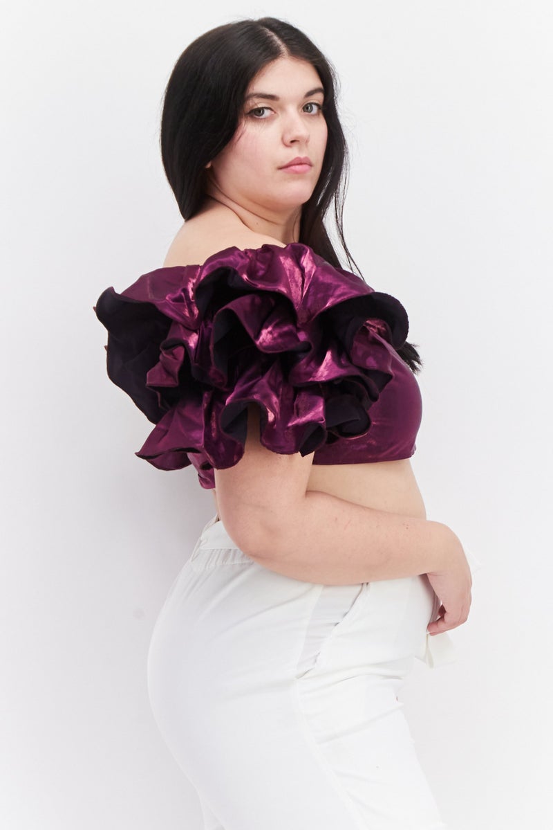Yaura Women Square Neck Ruffle Sleeve Metallic Crop Top, Purple - Image 2