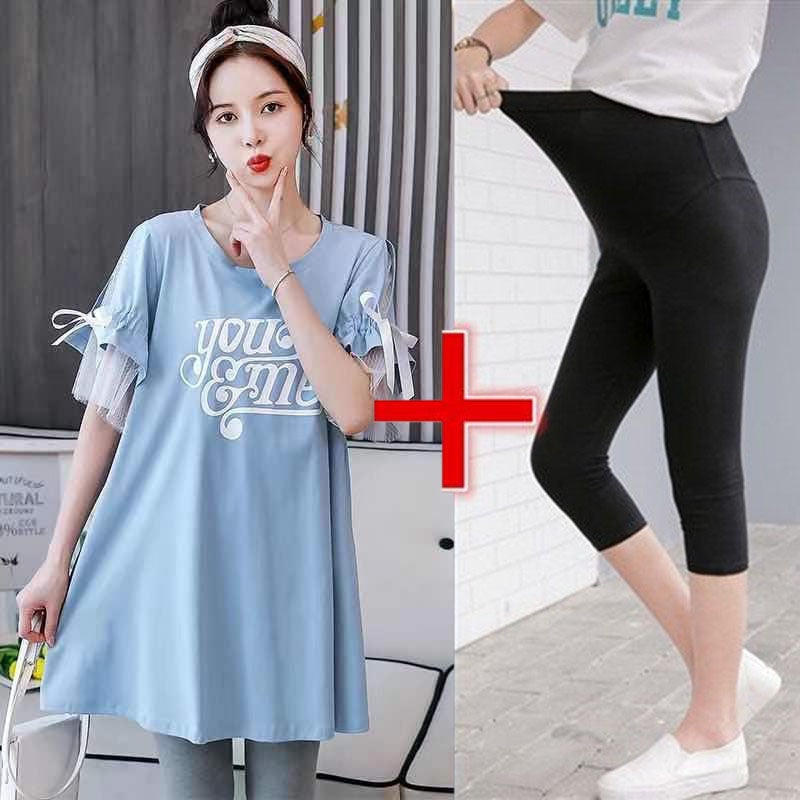 New Pregnant Womens Summer Half-sleeved T-shirt suit Korean Pregnant Womens Spring Mid-length Top dress Two-piece Set 834 blue jacket black 7 points pants [suit]]