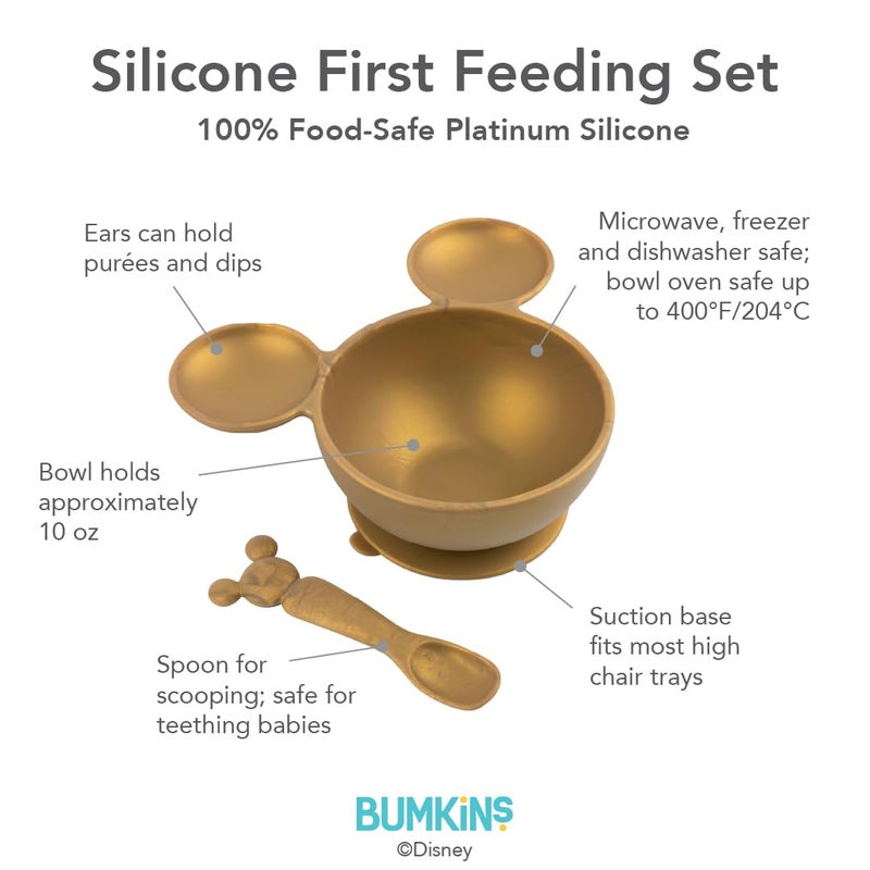 Bumkins Disney Baby Bowl, Silicone Feeding Set with Suction for Baby and Toddler, Includes Spoon, First Feeding Set, Essentials for Baby Led Weaning for Babies Eating 4 Months Up, Minnie Mouse Gold - Image 5
