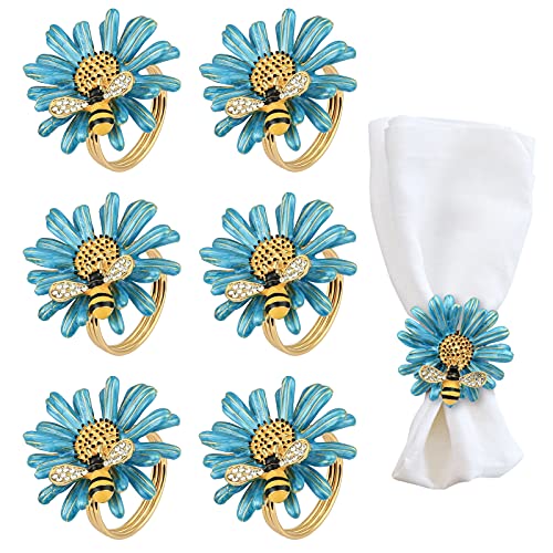 KESOTE Daisy Sunflower Napkin Rings Set of 6 Gold Bee Napkin Ring Holders for Formal or Casual Dinning Table Decor Blue
