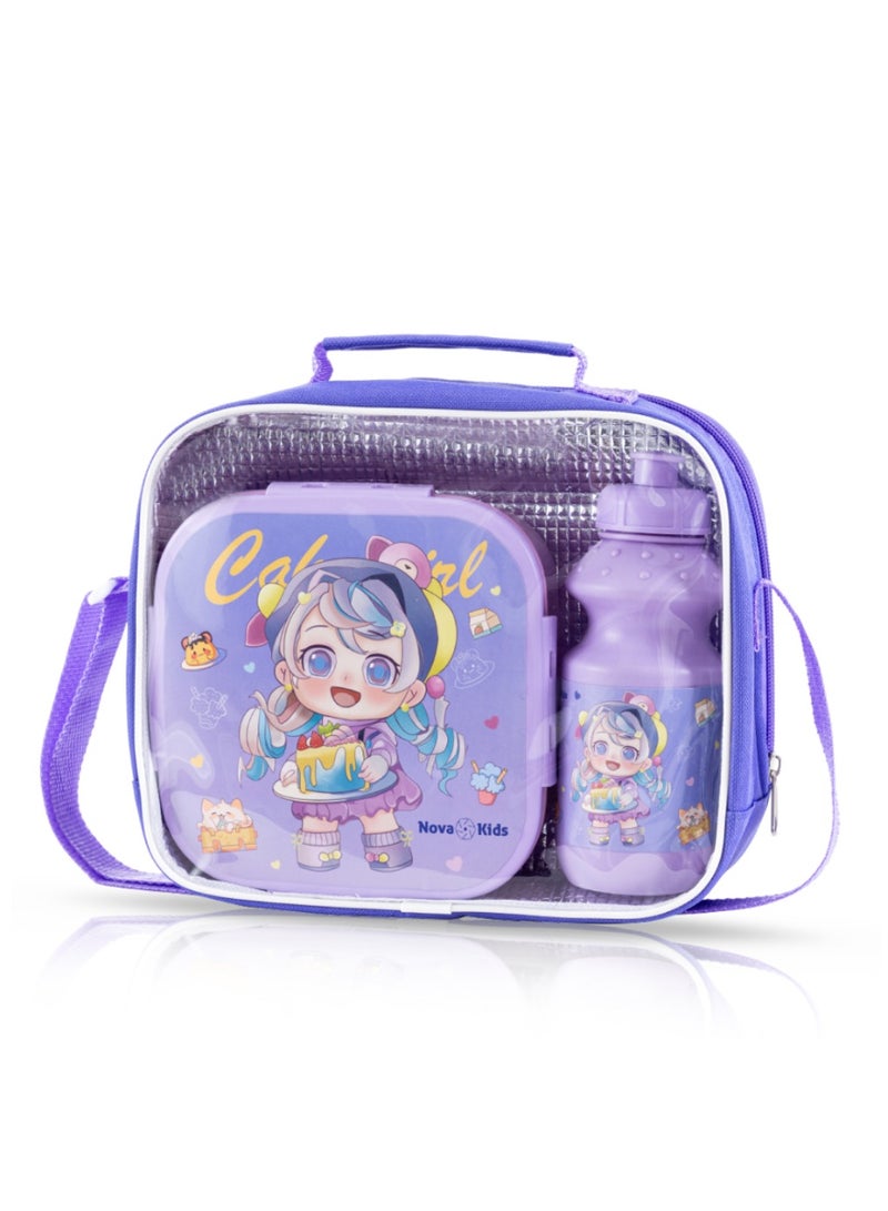 Nova kids Lunch Box, Water Bottle With Lunch Bag - Cute Kids - Purple  - Image 1