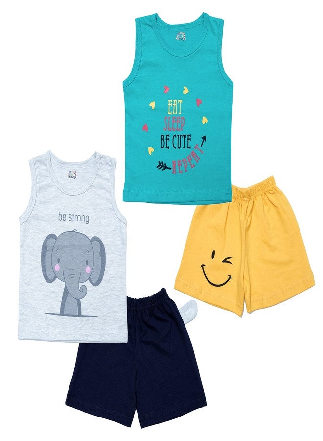 CUTE LANDINGS® Baby Boys & Girls Tank Top and Shorts Set Jhabla/Pants/Tshirt/Infant Wear/Toddlers/Jabla/Bottom/Dresses Comfort fit (9-12 Months, Elephat+Eat Sleep Be Cute) - Image 1