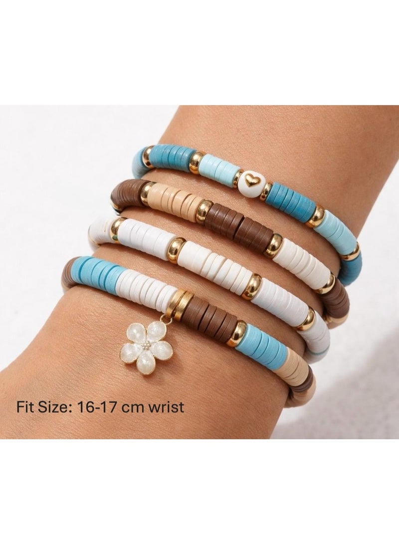 4pcs Boho Clay Bead Bracelet Set for Women – Handmade Polymer Heishi Beads with Gold & Silver Accents, Stretch Elastic Bracelet Stack, Summer Beach Jewelry, Fits 16-17 cm Wrist - Image 1