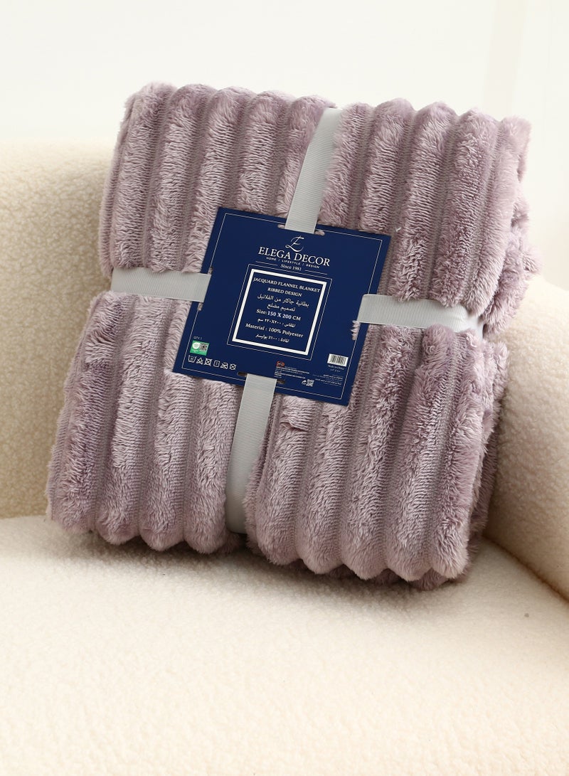 ELEGA DECOR Jacquard Flannel Blanket Single Flannel Fleece Reversible Blanket Warm and Plush Throw Blanket 150 x 200 cm Knitted Ribbed Purple - Image 2