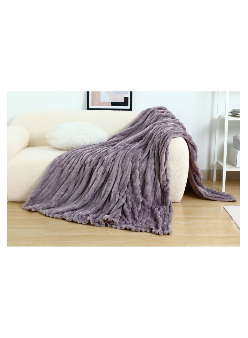 ELEGA DECOR Jacquard Flannel Blanket Single Flannel Fleece Reversible Blanket Warm and Plush Throw Blanket 150 x 200 cm Knitted Ribbed Purple - Image 3