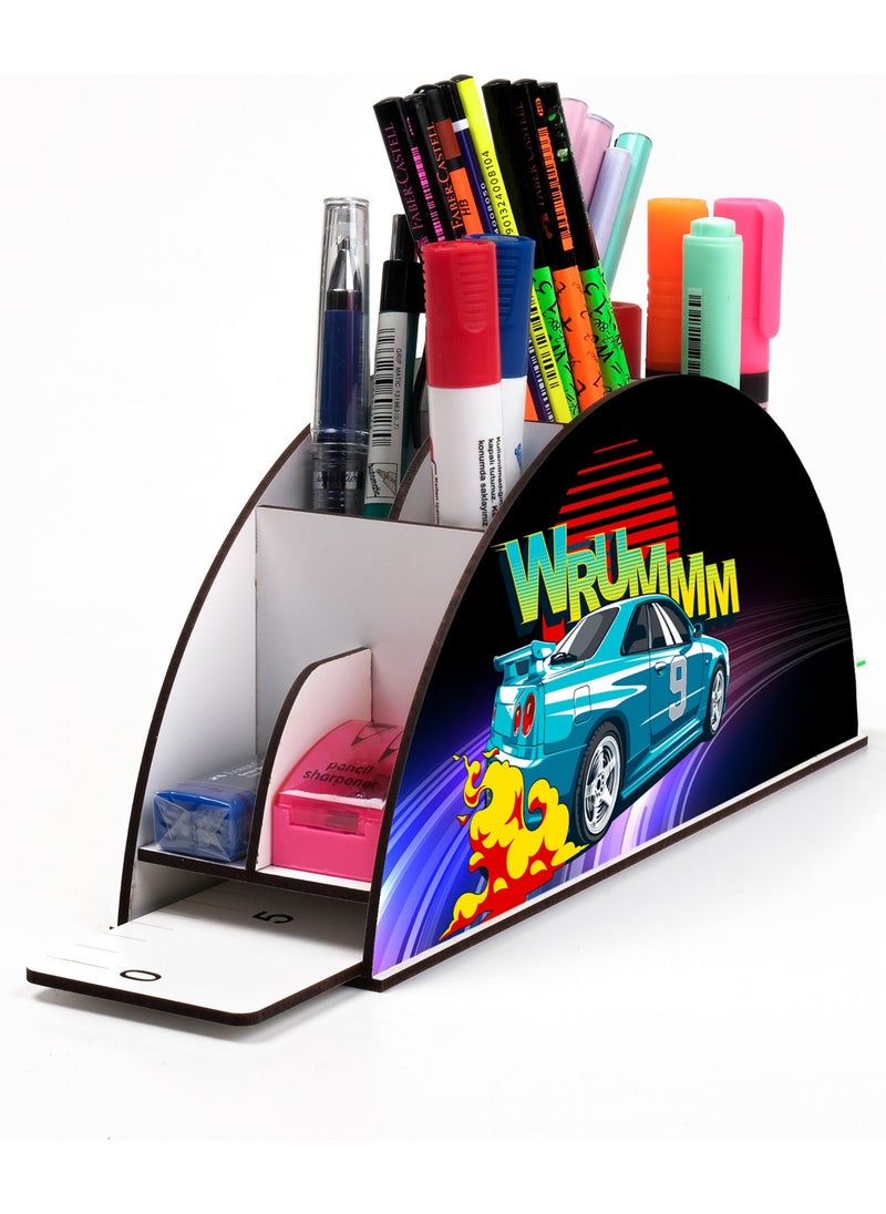 KutuTR Wooden Vip Car Series Rainbow Ruler Desktop Pencil Holder Organizer for Children With Assembled Box  - Image 1