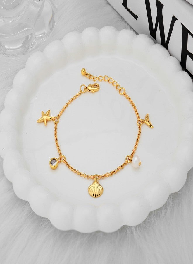 WOWORAMA Dainty Gold Shell Bracelet for Women Adjustable Gold Beach Charm Bracelet Starfish Seashell Mermaid Pearl Link Bracelet - Image 3