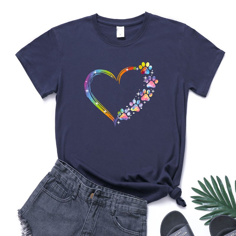 New Color Love Footprint Printing Summer Loose Design Sense Short-Sleeve Pullover Round Neck T-Shirt For Women - Image 3