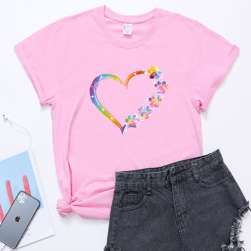 New Color Love Footprint Printing Summer Loose Design Sense Short-Sleeve Pullover Round Neck T-Shirt For Women - Image 1