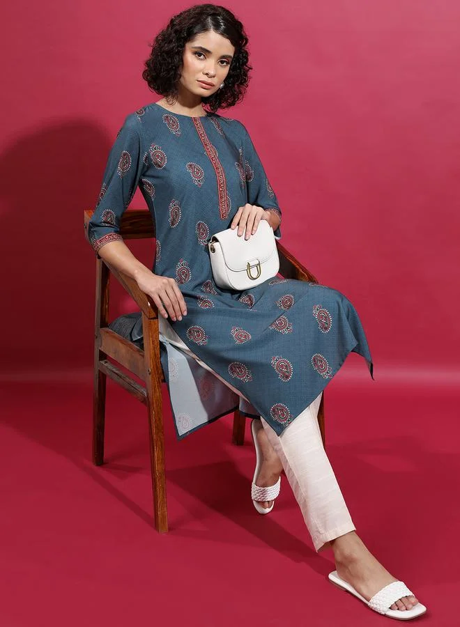 فيشود Blue Printed Flared Sleeves Kurta for Women by Styli