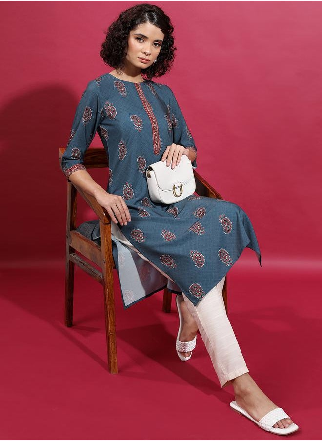 Vishudh Blue Printed Flared Sleeves Kurta for Women by Styli  - Image 2