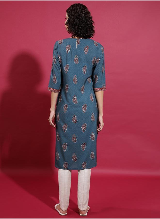 Vishudh Blue Printed Flared Sleeves Kurta for Women by Styli  - Image 3