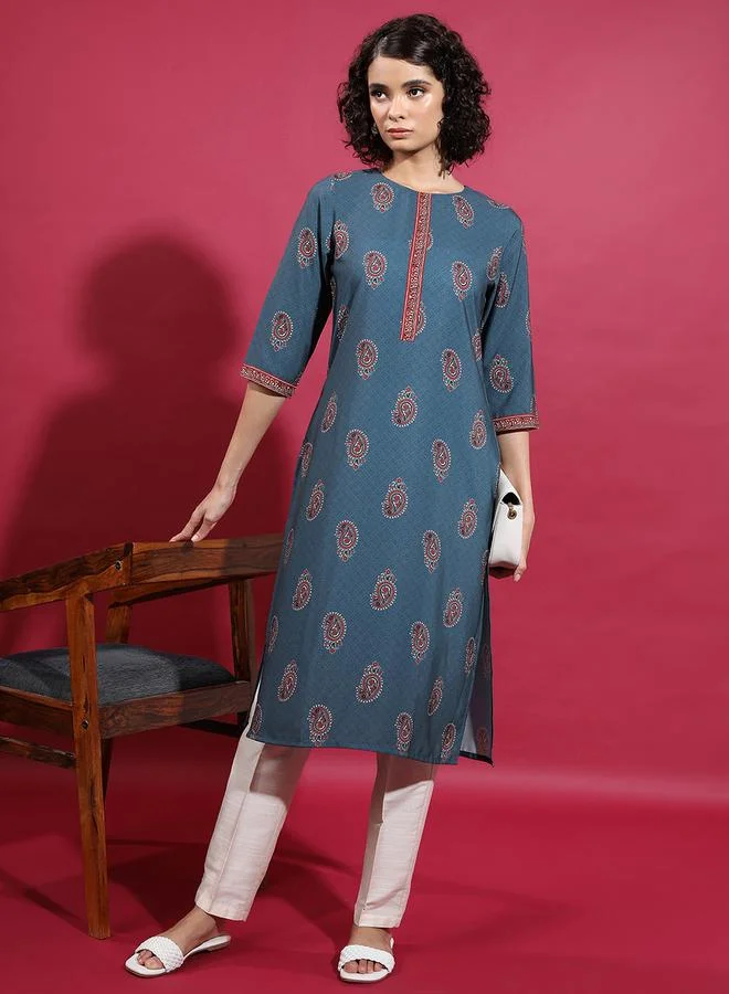 فيشود Blue Printed Flared Sleeves Kurta for Women by Styli