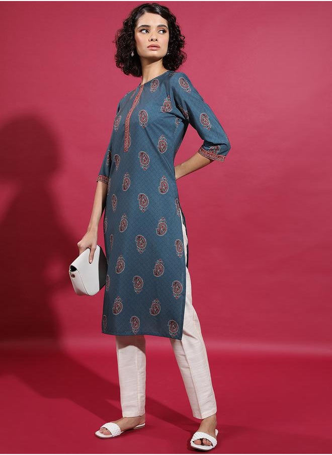 Vishudh Blue Printed Flared Sleeves Kurta for Women by Styli  - Image 4