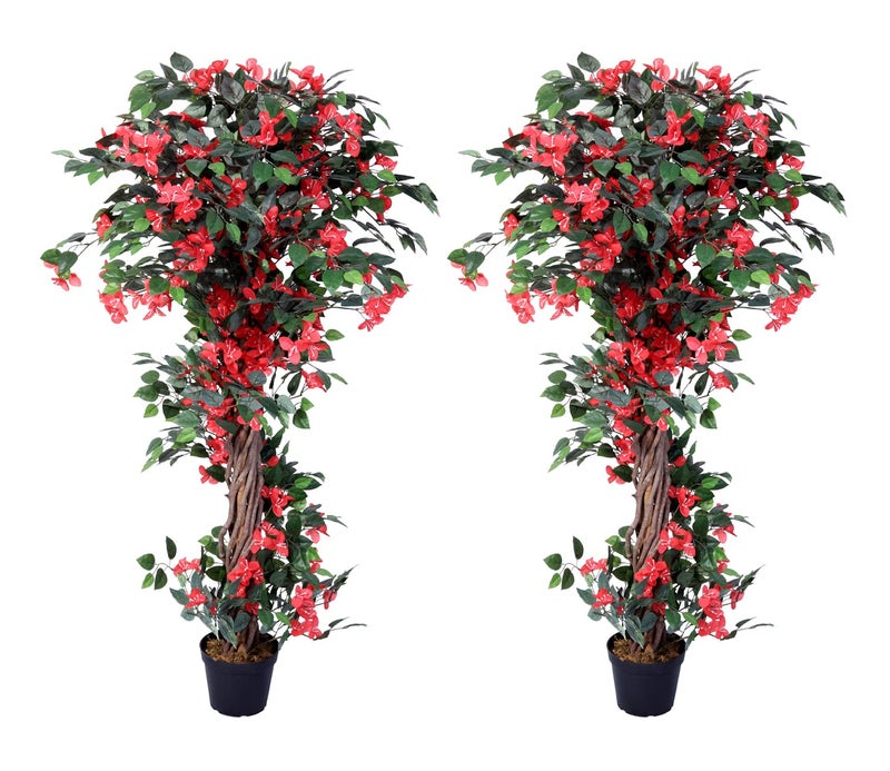 AMERIQUE Pair AMERIQUE Gorgeous 5 Feet Blooming Artificial Bougainvillea Tree with Flowers  Real Wood Trunks with Nursery Pots Feel Real Technology Red and Green  - Image 1